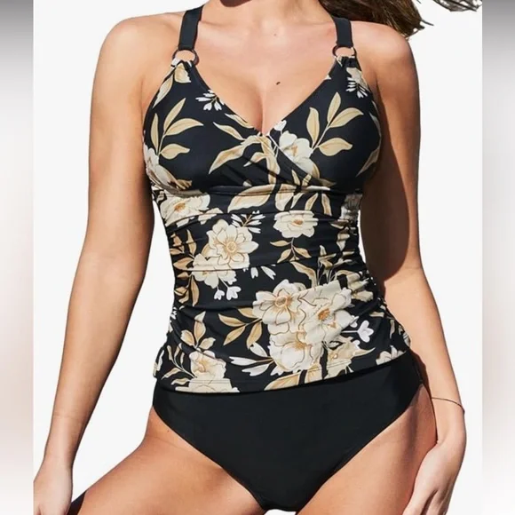 CUPSHE Floral Black Tankini Swimsuit V Neck Adjustable Strap Mid Rise - Picture 1 of 16